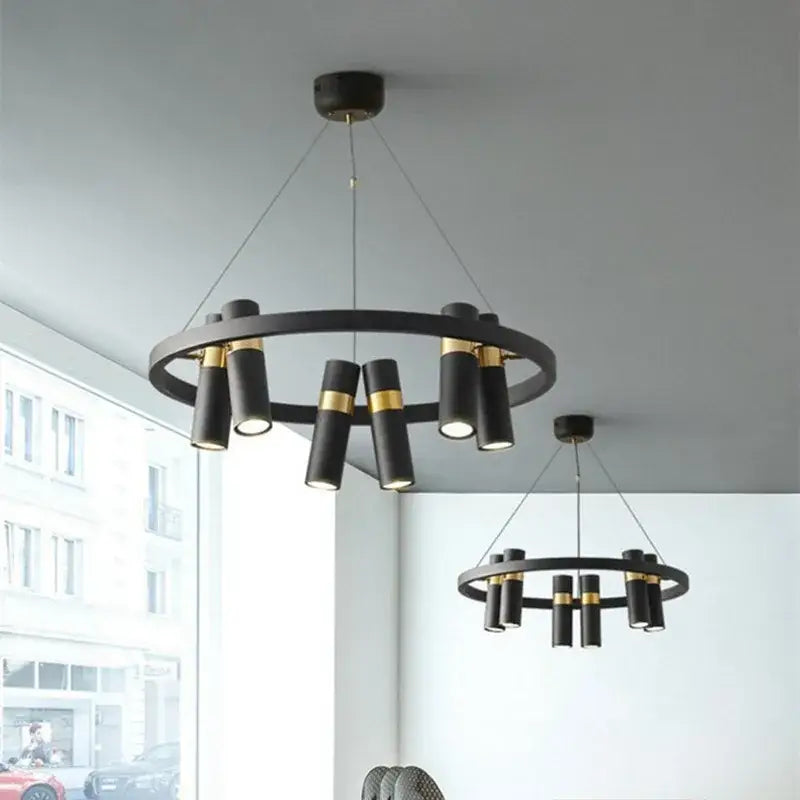 Modern black and gold cylindrical pendant light with circular frame decorbites black ring led for living room decor