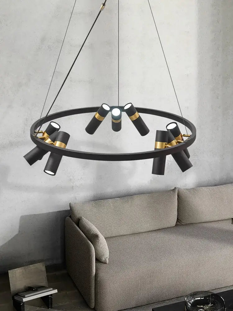 Modern black ring led pendant light with gold accents and adjustable spotlights for living room decorbites black ring