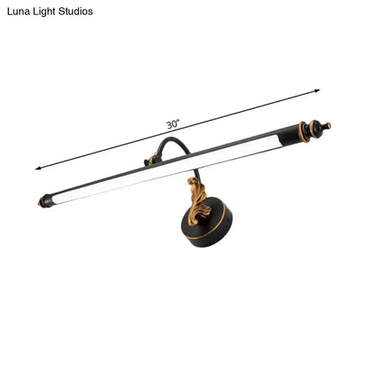 Modern black and gold ornate 30-inch tubular led wall light with decorative sculpted base for bathroom sconce use
