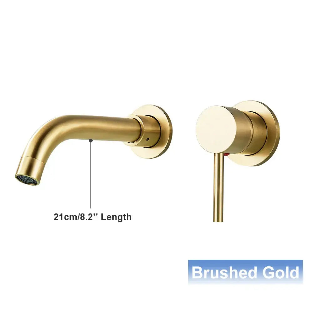 Brushed gold wall mounted basin faucet with sleek modern design and matching cylindrical handle for bathroom use