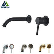 Modern black and gold wall mounted basin faucet by rozin with a black matte finish and sleek handle set