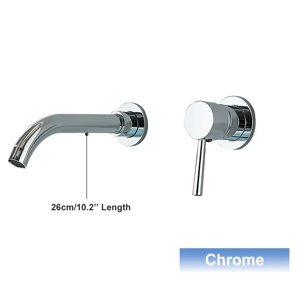 Modern black and gold wall mounted basin faucet with chrome finished curved spout and matching cylindrical handle