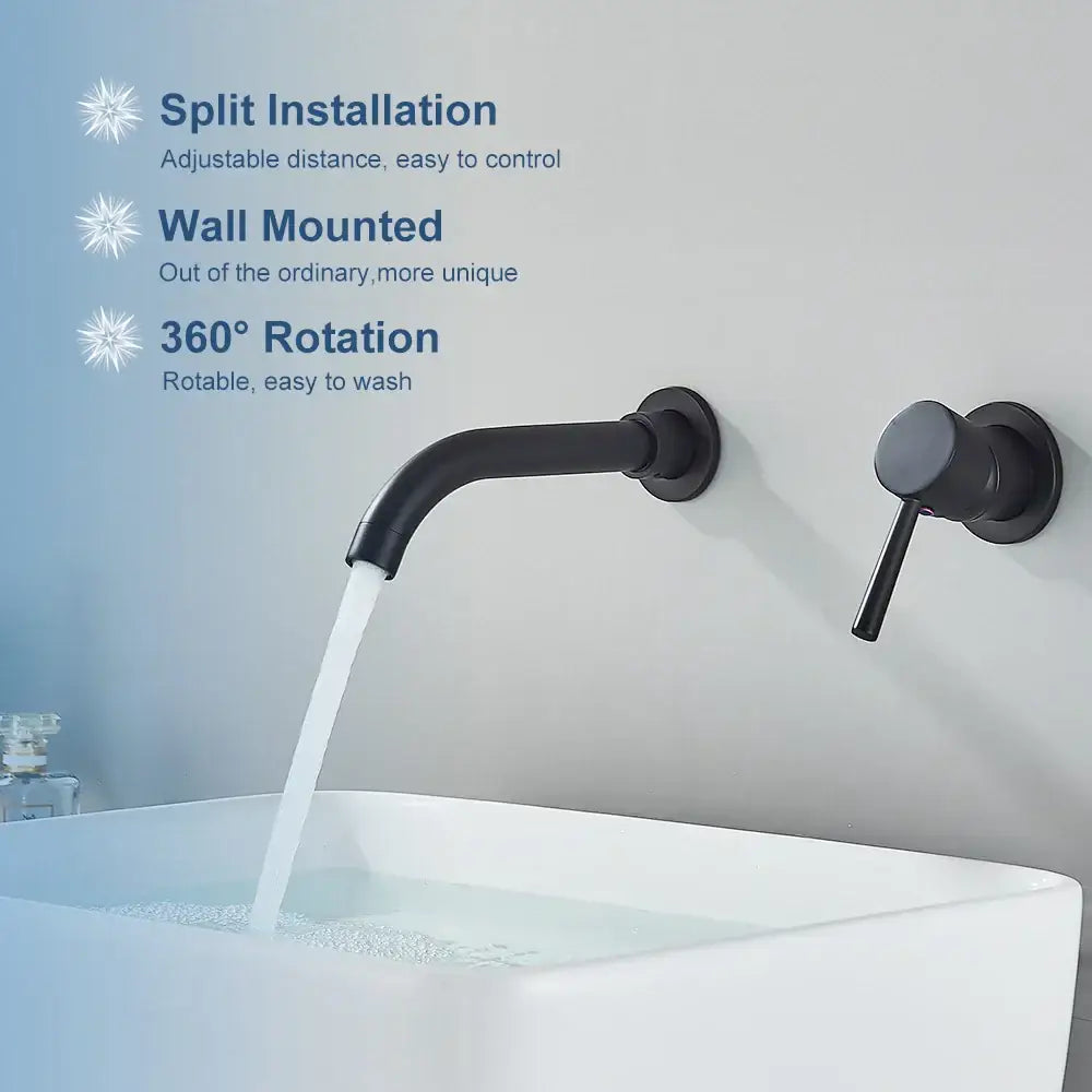 Modern black wall mounted basin faucet with matte finish, curved spout, and separate rotary handle for bathroom use