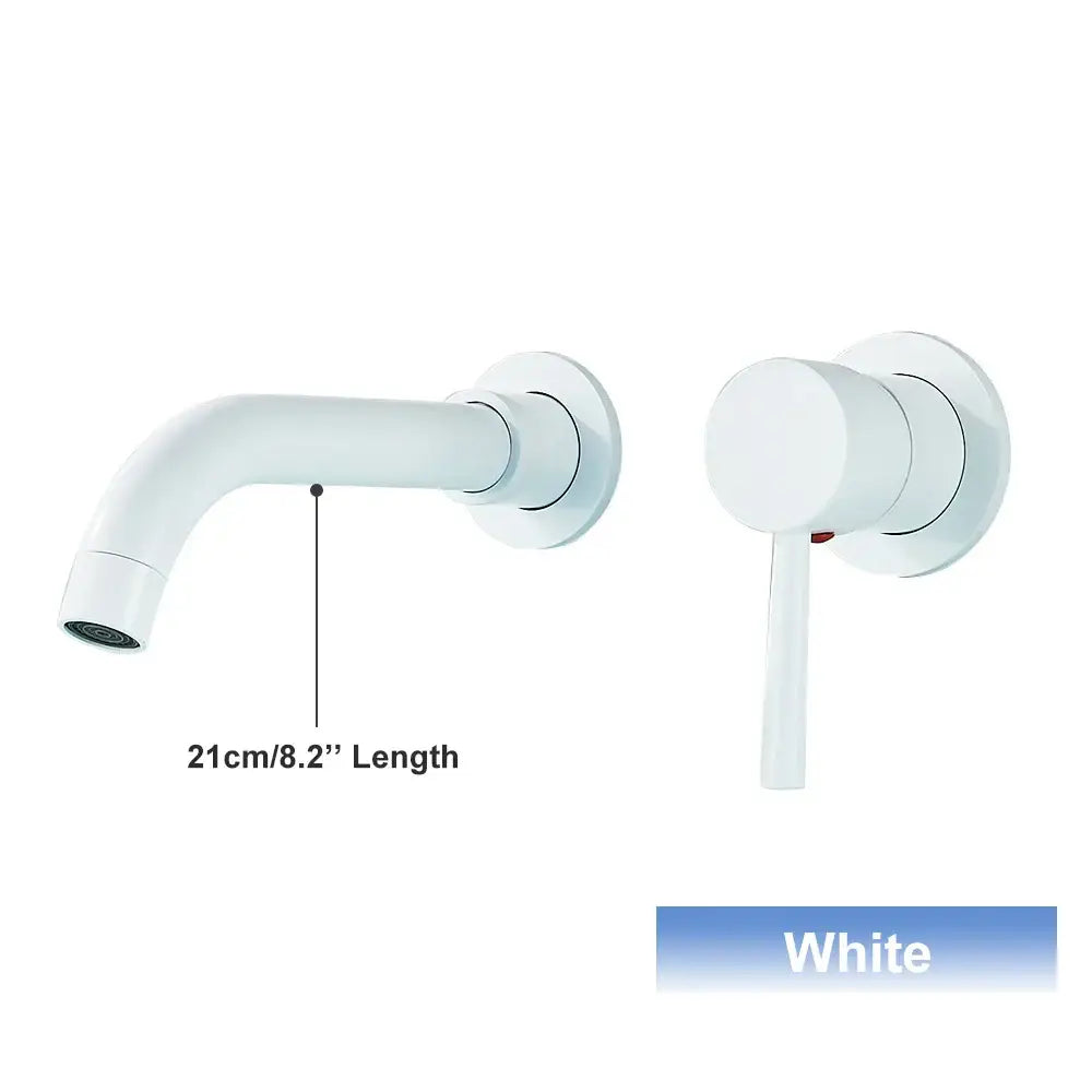 Modern black and gold wall mounted basin faucet with sleek curved white spout for bathroom mixer tap installation