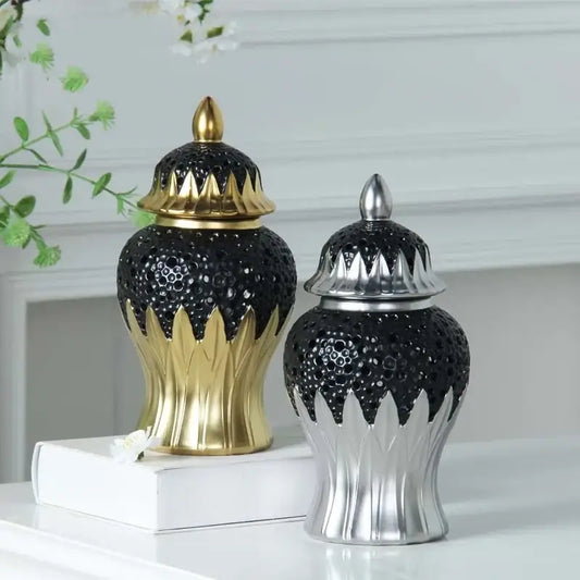 Modern black and golden porcelain jar with honeycomb pattern and metallic accents for living room decor