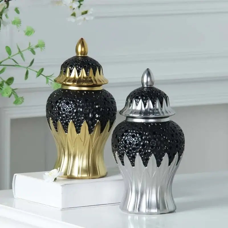 Modern black and golden porcelain jar with honeycomb pattern and metallic accents for living room decor