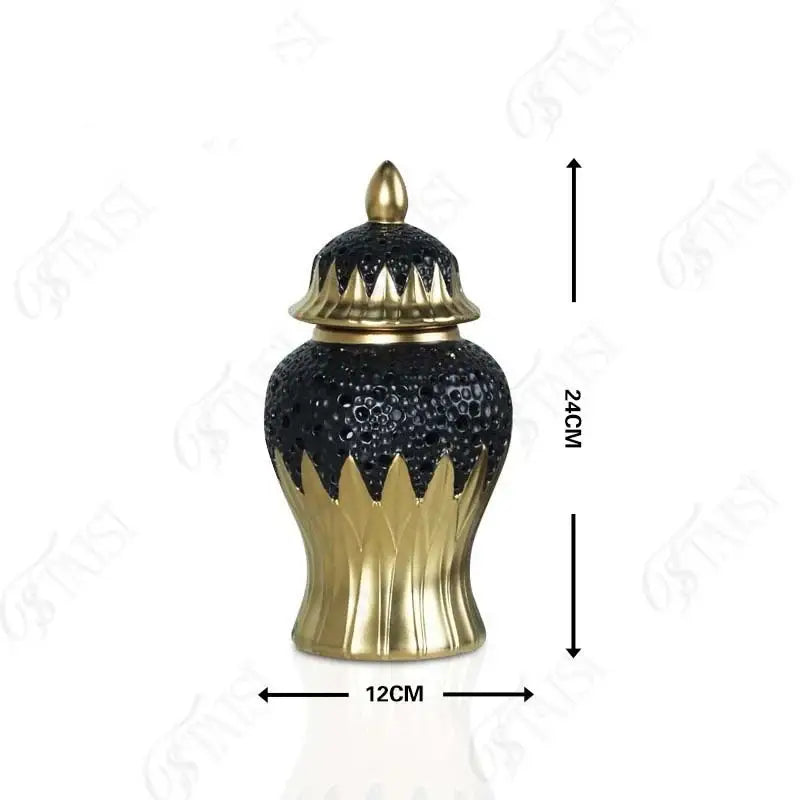 Modern black and golden porcelain jar with textured pebbled surface and fluted base for living room decor