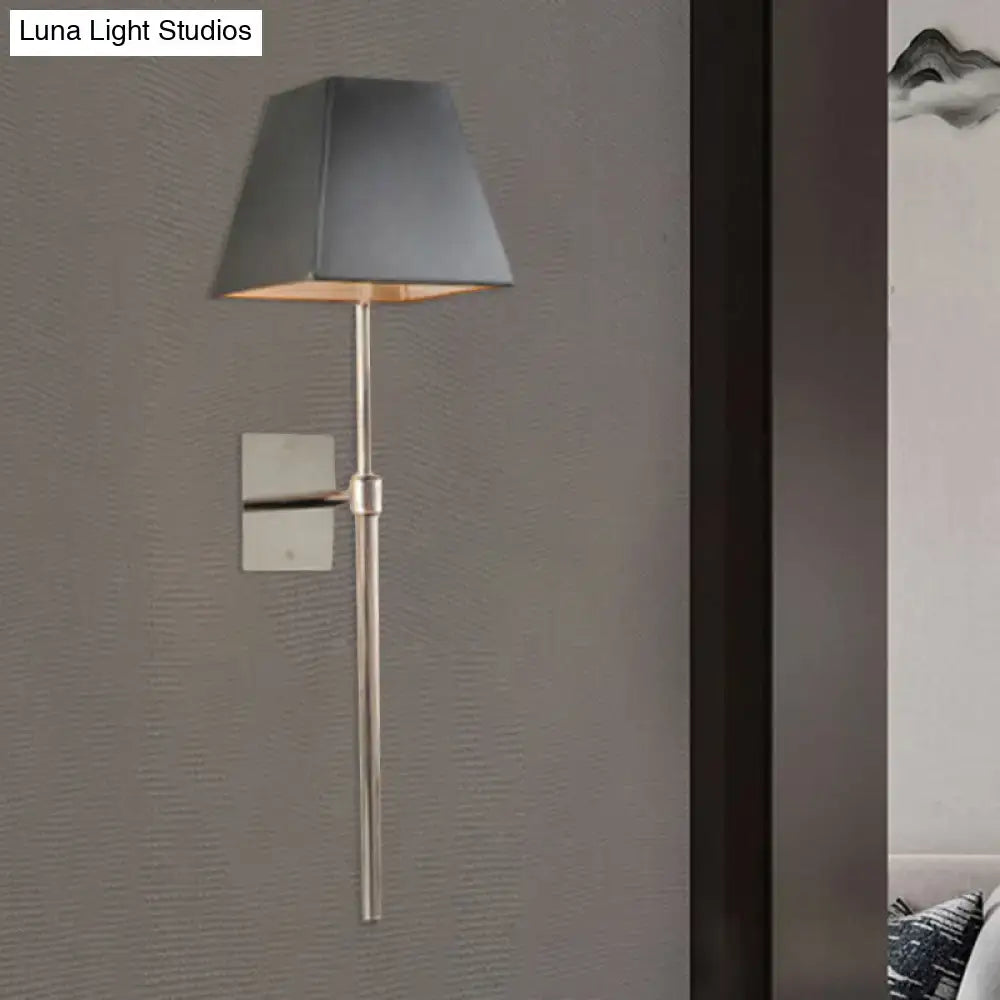 Modern black and nickel sconce light with brushed nickel finish and tapered gray fabric shade direct wired electric 110v-120v