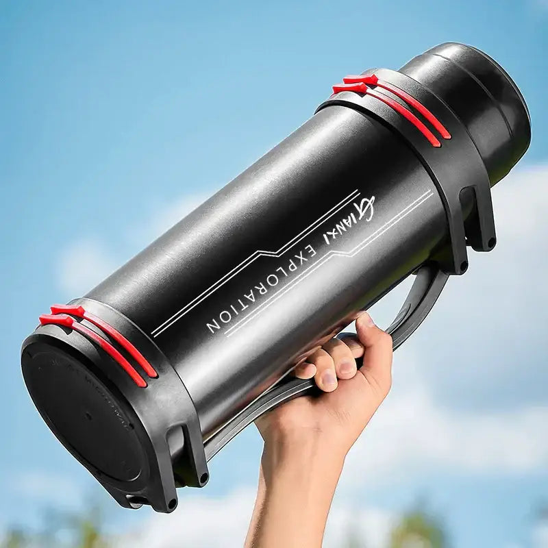 Black insulated stainless steel thermos bottle with red straps and modern design branded giant exploration travel kettle