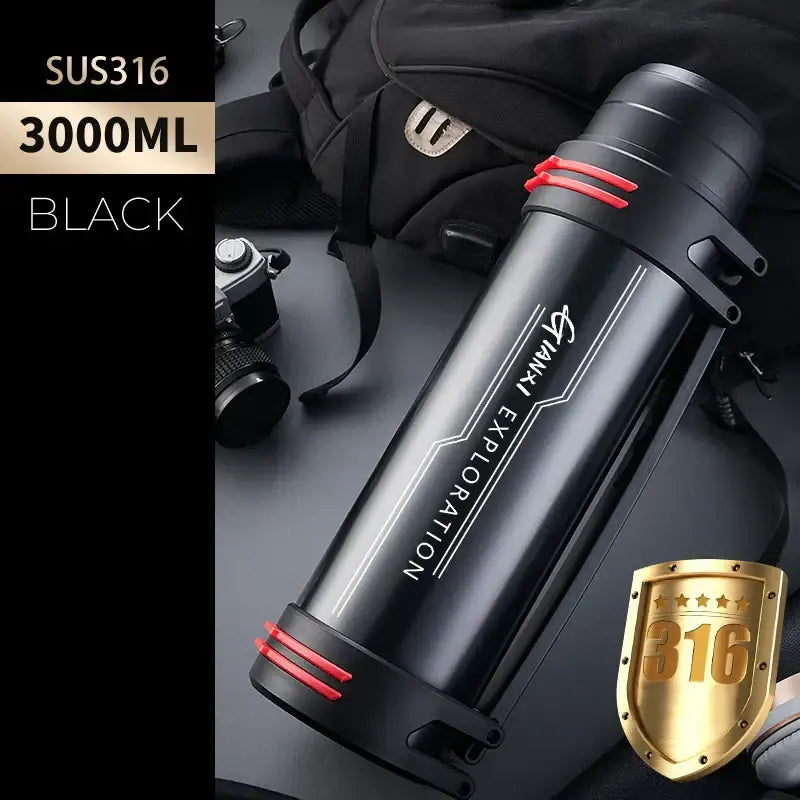 Modern black and red stainless steel 3000ml thermos bottle with red accent rings and maxi exploration branding for travel kettle use