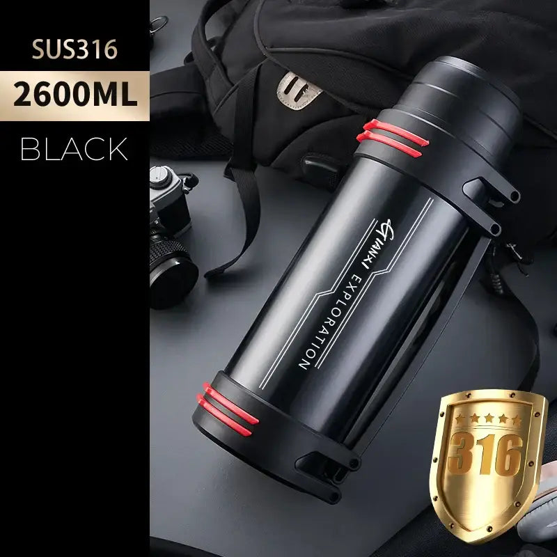 Modern black and red stainless steel thermos bottle with travel kettle design and sleek modern accents