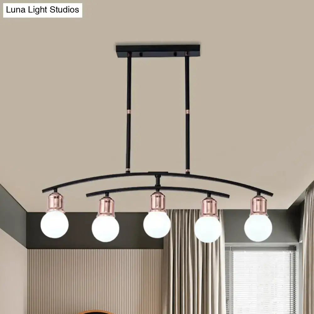 Modern black metal linear chandelier with four frosted glass globes and rose gold accents finish island light