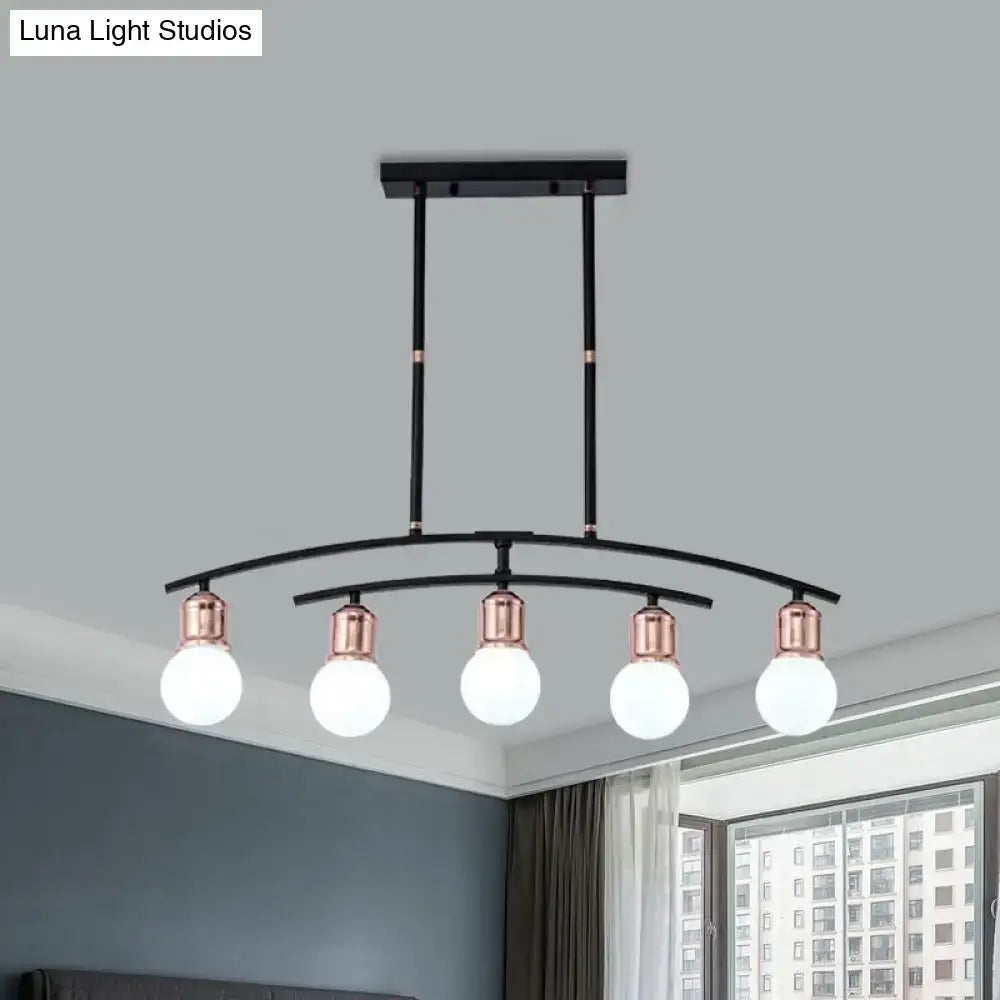 Decorbites minimalistic linear chandelier with five frosted glass bulbs black metal finish island light with rose gold accents