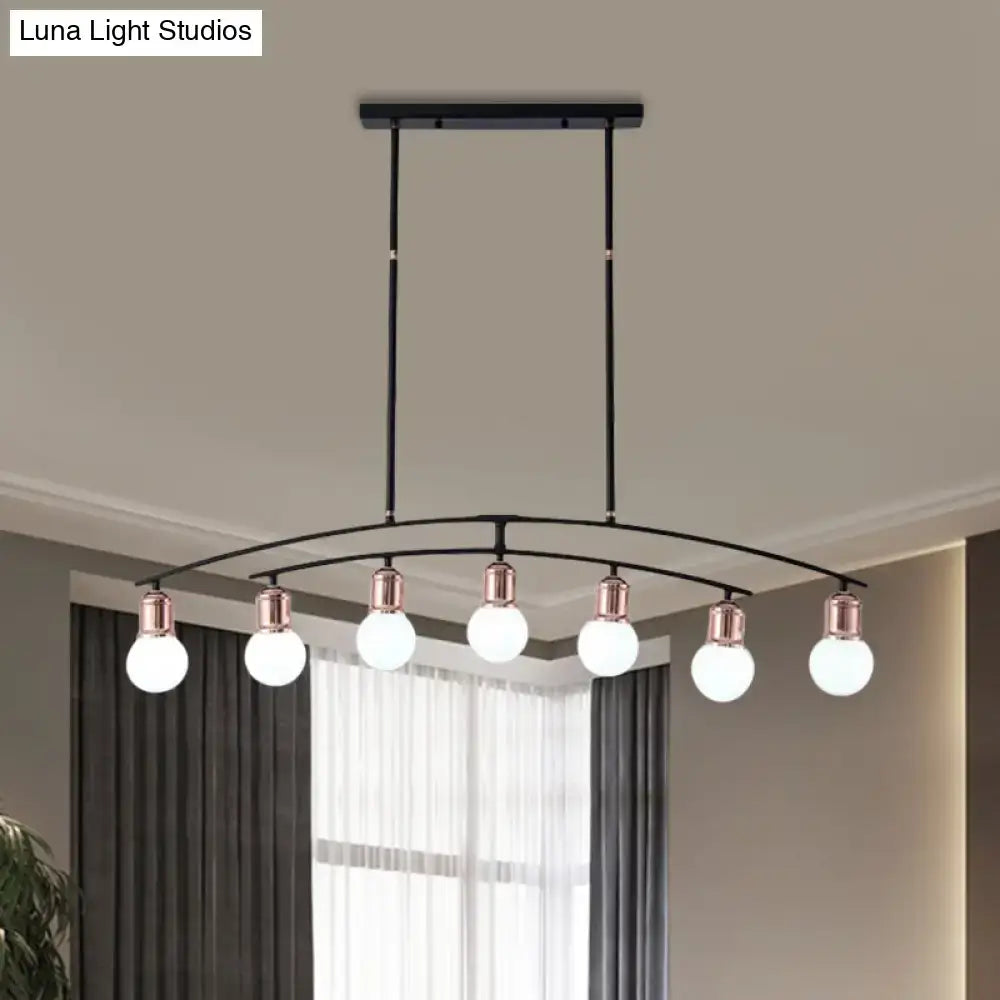 Modern black metal linear chandelier with five frosted glass globes and rose gold accents finish island light