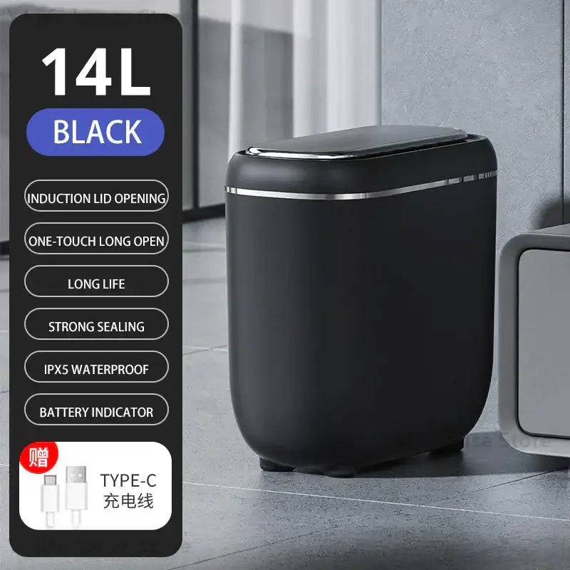 Modern black and silver 14l automatic sensor trash can with induction lid opening for kitchen use