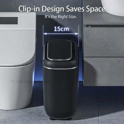 Modern black and silver automatic sensor trash can with sleek cylindrical design for smart home kitchen use
