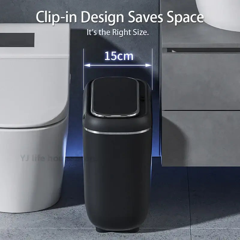 Modern black and silver automatic sensor trash can with sleek cylindrical design for smart home kitchen use