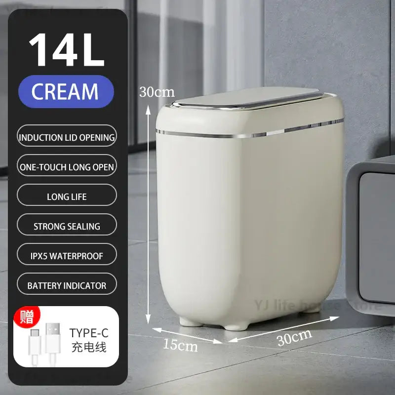 Cream-colored 14l smart automatic sensor trash bin with induction lid and sleek metallic trim for kitchen use