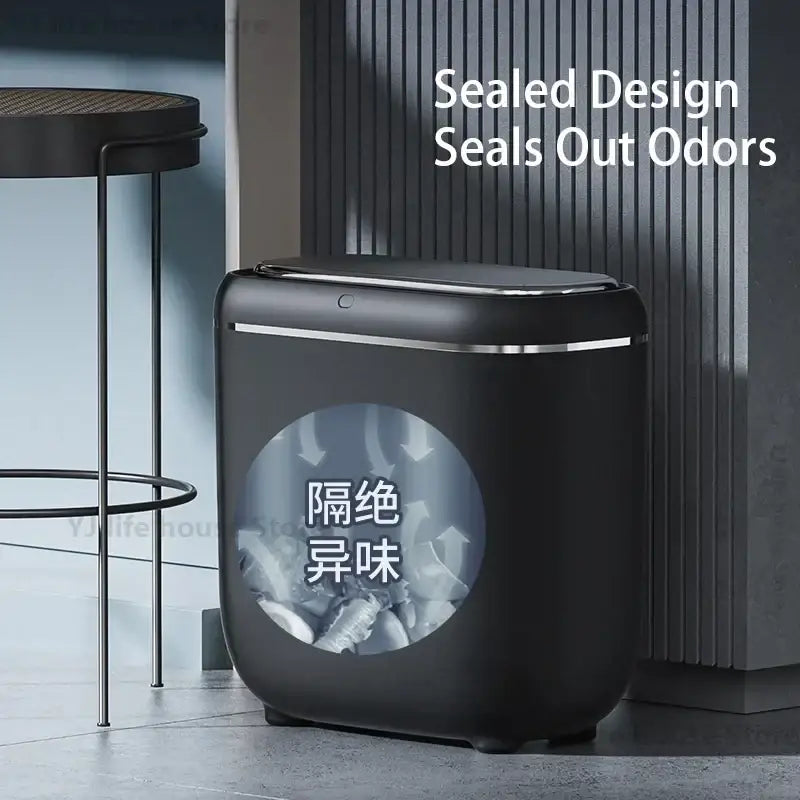 Black and silver automatic sensor trash can with sleek rounded body and metallic trim for modern kitchen use