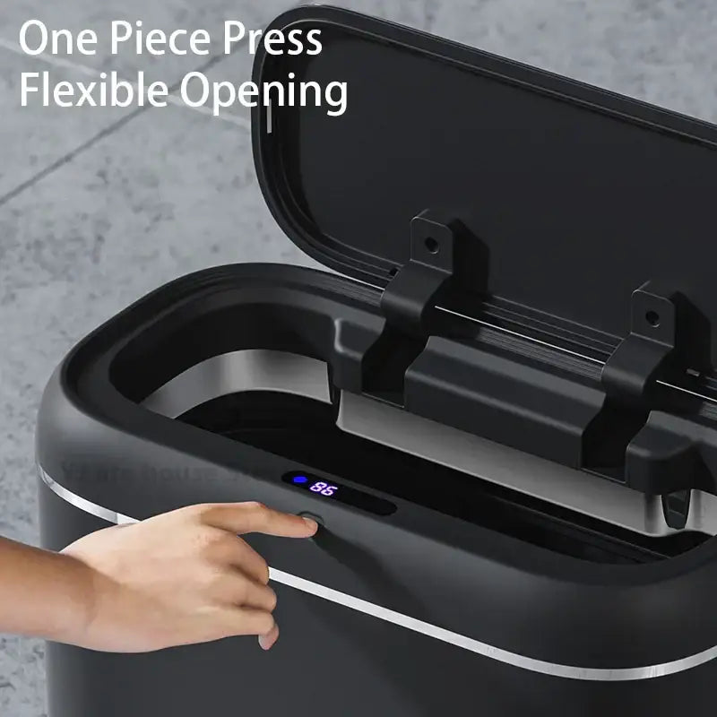 Modern black and silver automatic sensor trash can with sleek one-piece press flexible opening and digital weight display