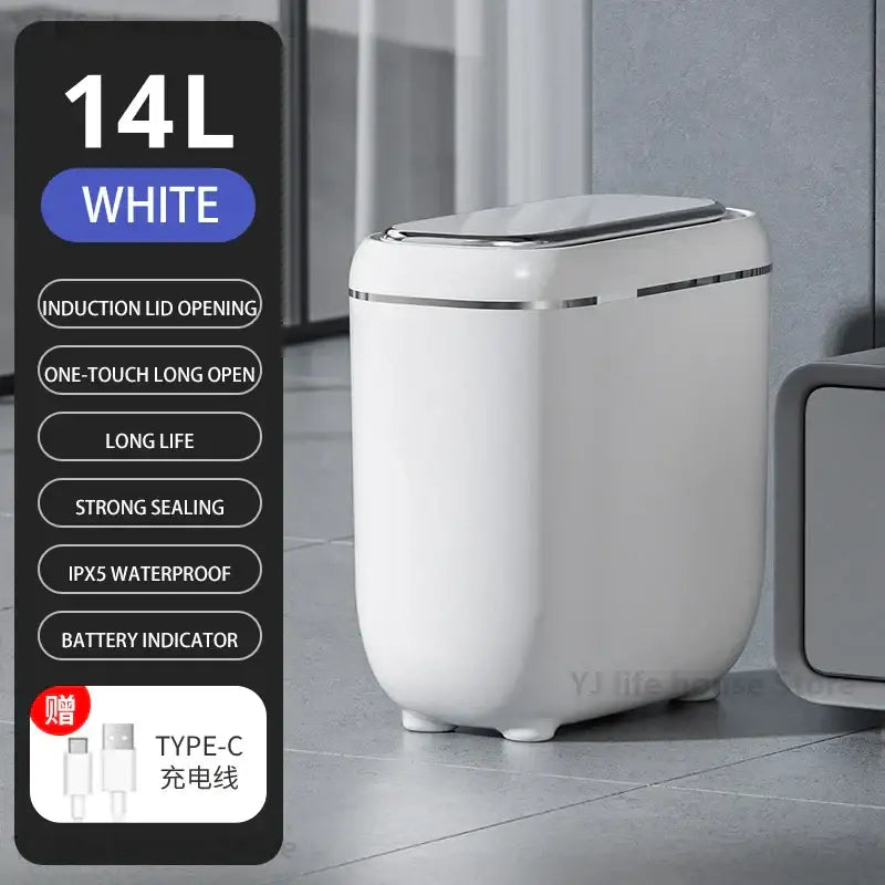 White 14l smart trash can with induction lid and stainless steel trim for modern black and silver automatic sensor trash use