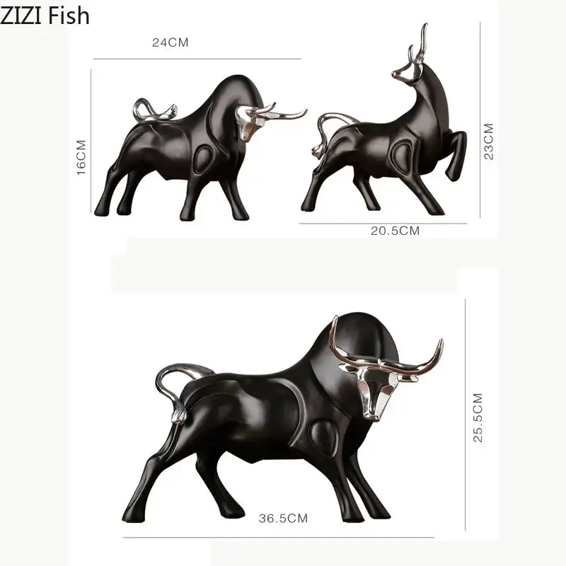 Modern black and silver bull sculpture with polished metallic horns and tails by zizi fish for living room decorbites bull sculpture