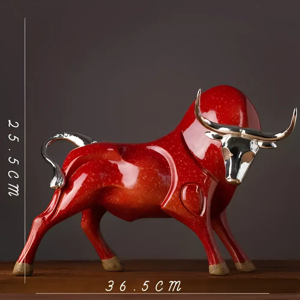 Modern black and silver decorbites bull sculpture with vibrant red ceramic body and polished silver horns for living room decor