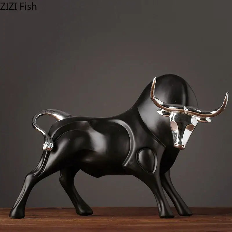 Modern black and silver decorbites bull sculpture with polished metallic horns and sleek glossy finish for living room decor