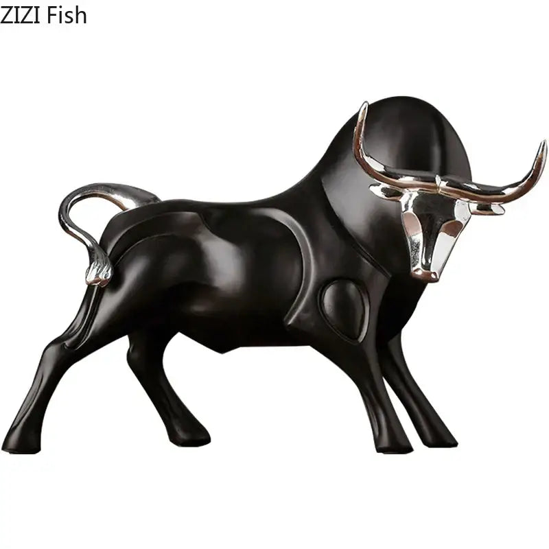 Modern black and silver bull sculpture with polished metallic horns and tail by decorbites for living room decor