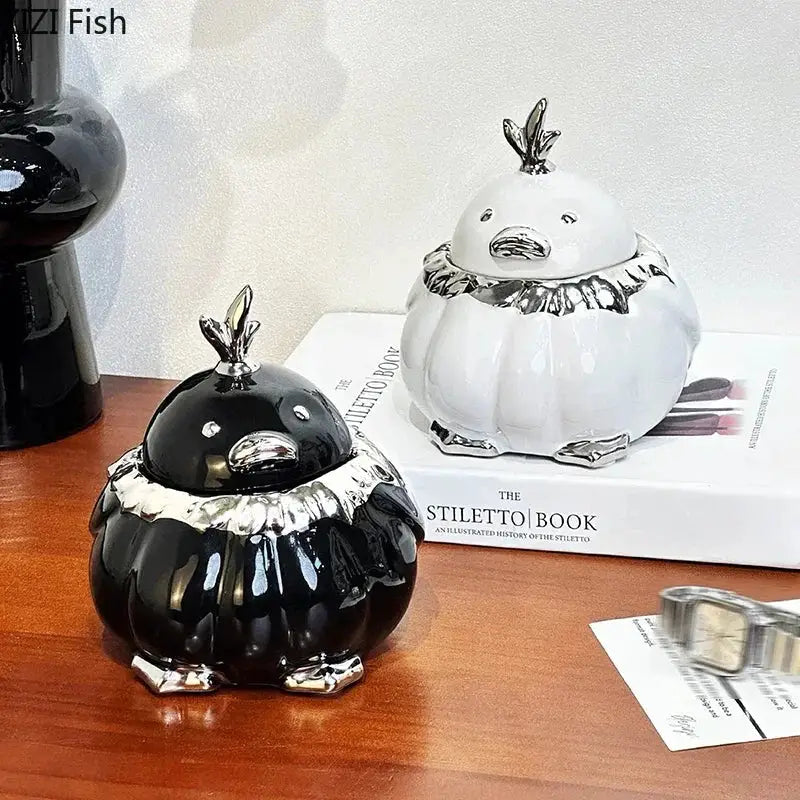 Modern black and silver duck shaped ceramic ashtray decorbites duck shaped storage jar with matching lid