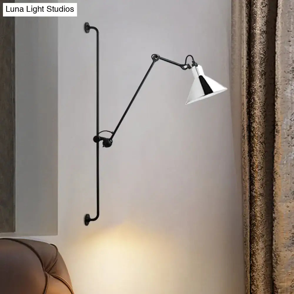 Modern black and white articulated bedroom wall lamp direct wired electric with white conical shade and black accent