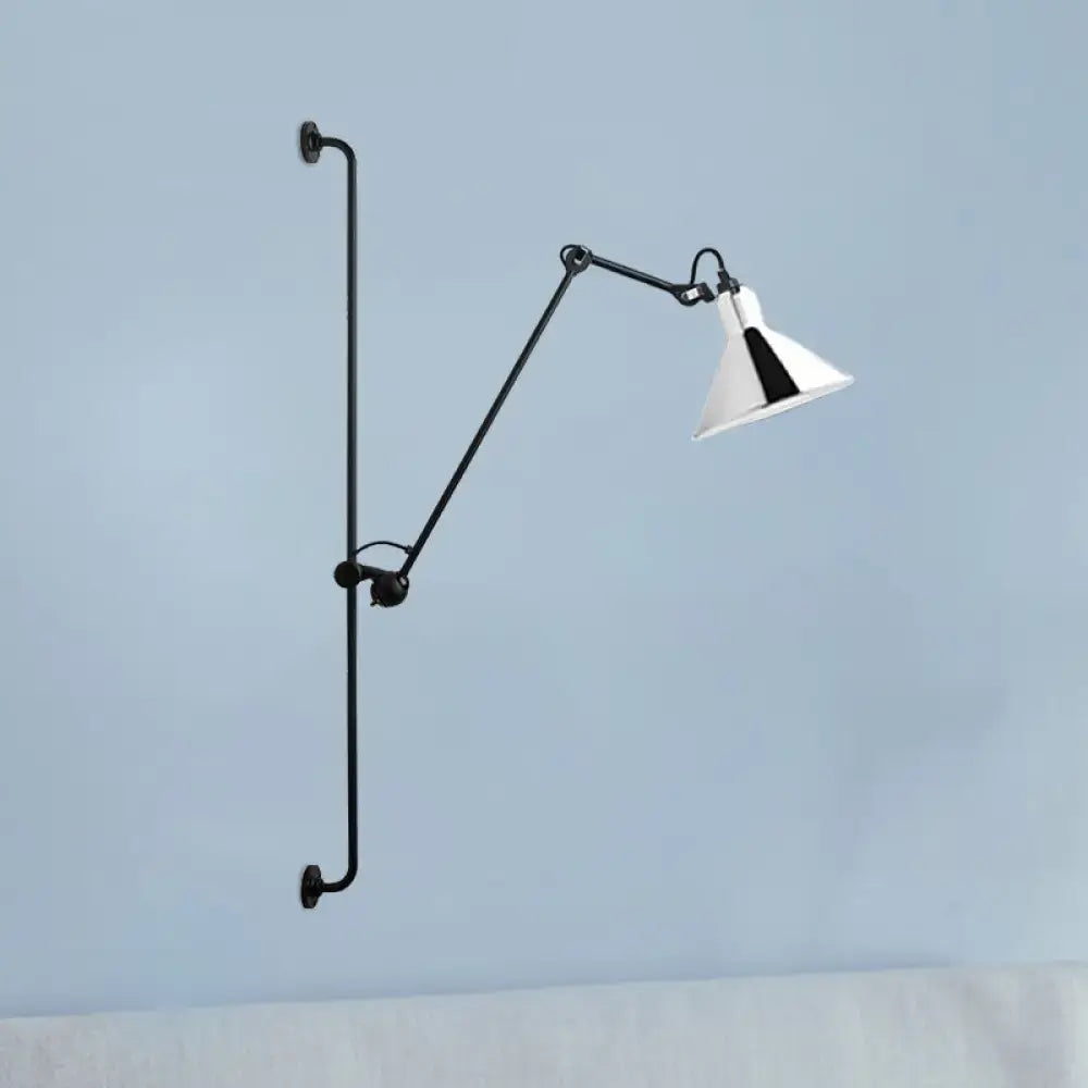 Modern black and white articulated bedroom wall lamp direct wired with white conical shade and black triangular accent