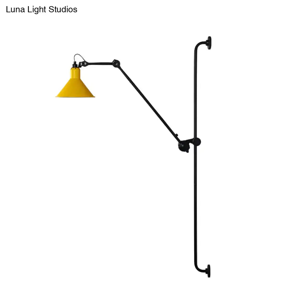 Yellow conical shade on black articulated arm bedroom wall lamp direct wired for led incandescent fluorescent bulbs