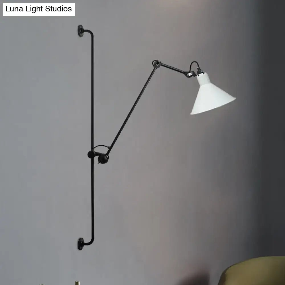 Modern black and white articulated bedroom wall lamp with direct wired electric connection and white conical shade