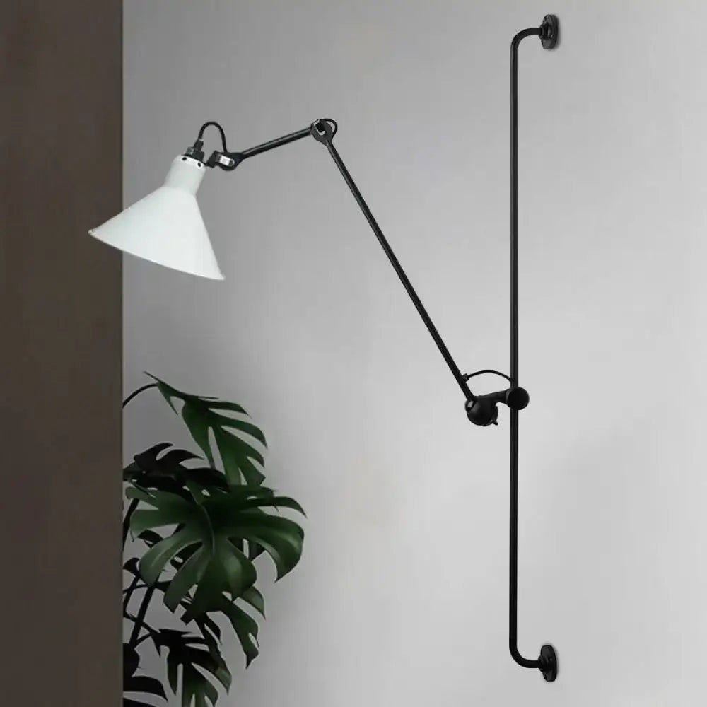 Modern black and white articulated bedroom wall lamp with white conical shade direct wired electric lighting option