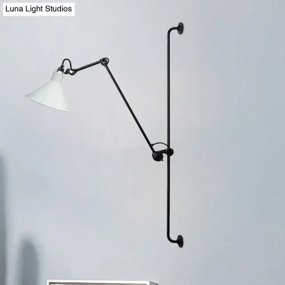 Modern black and white articulated bedroom wall lamp with direct wired electric setup and white conical shade