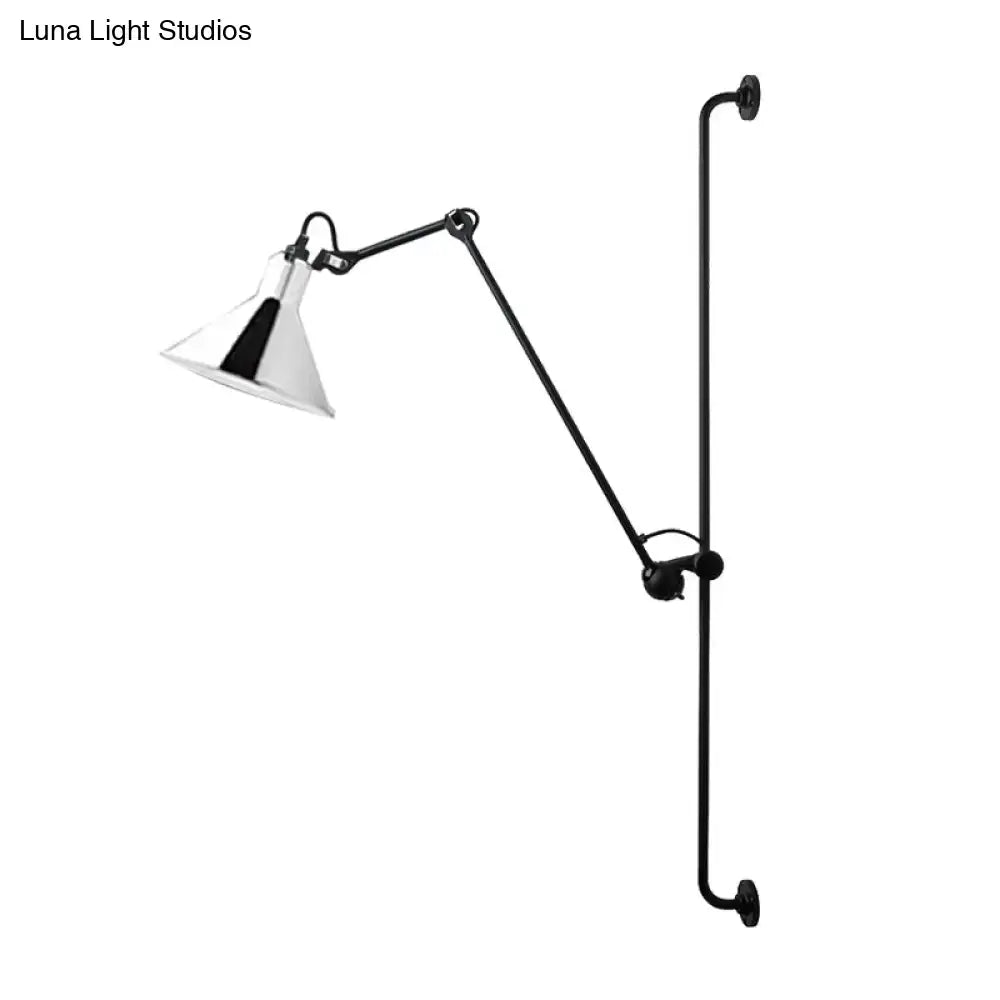 Modern black and white direct wired articulated bedroom wall lamp with a polished chrome conical shade for led incandescent fluorescent bulbs