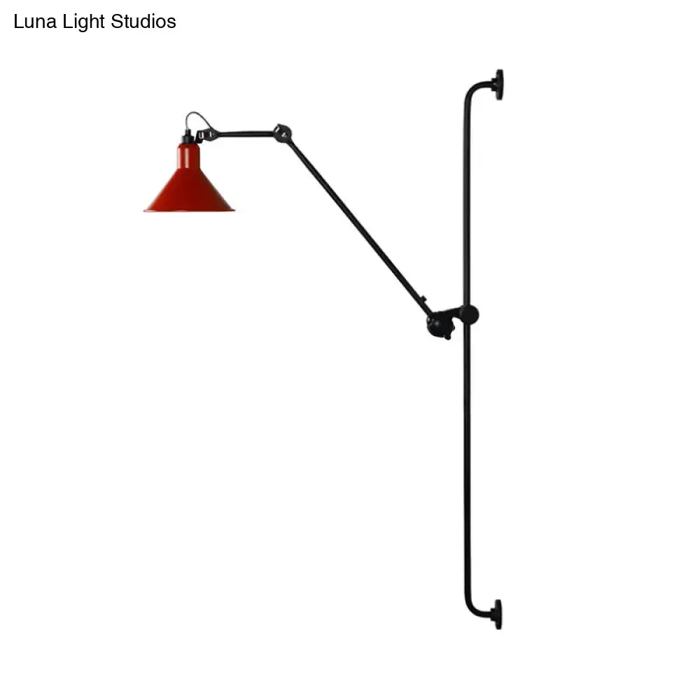 Modern red conical shade wall lamp with black articulated arm and mounting brackets direct wired electric design