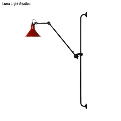 Modern red conical shade wall lamp with black articulated arm and mounting brackets direct wired electric design