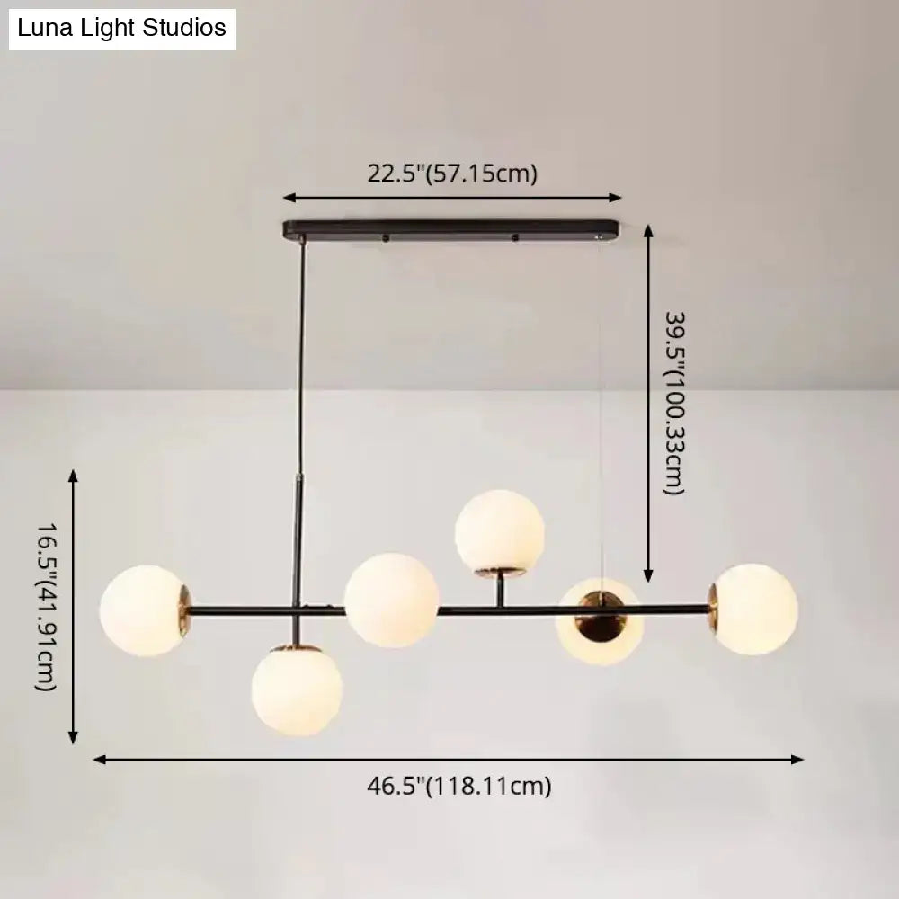 Modern black metal pendant light with five frosted glass shades linear island fixture for dining room use