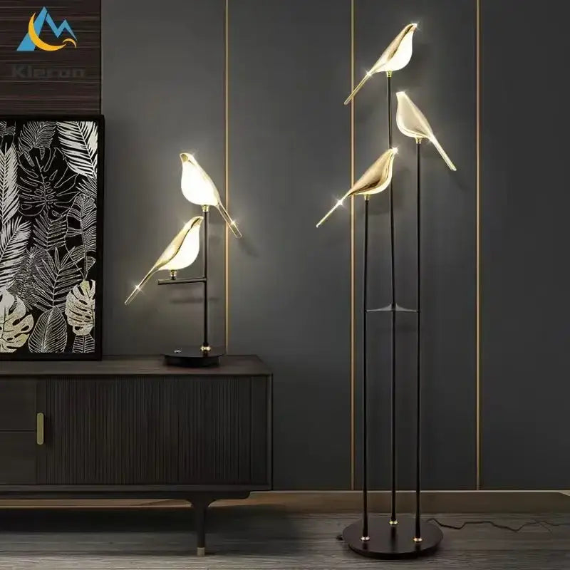 Modern black and white crow led floor lamp with sleek black metal legs and glowing translucent glass for living room decorbites crow led
