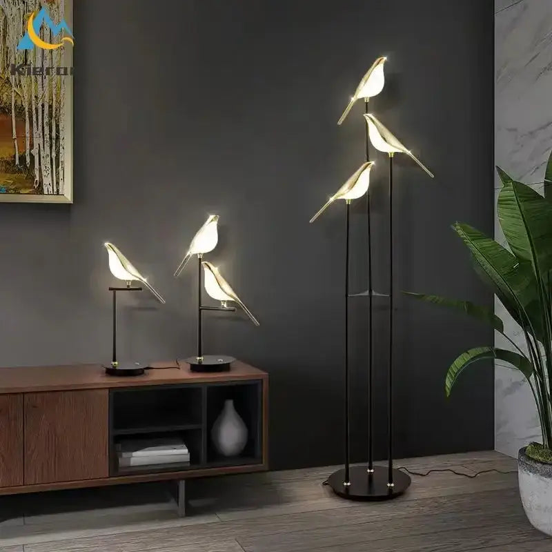 Modern black and white crow led floor lamp with sleek metal frame and glowing translucent body for living room decorbites decor