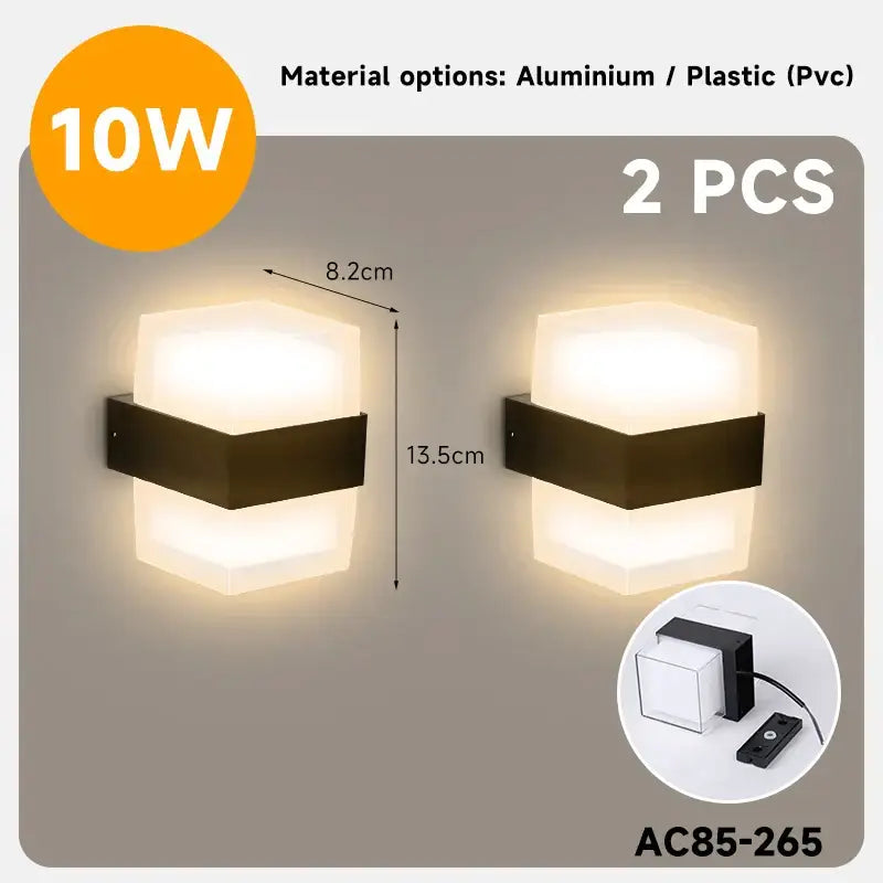Modern black and white led wall lamp with hexagonal frosted diffuser and black frame in aluminum or pvc for bedroom and garden