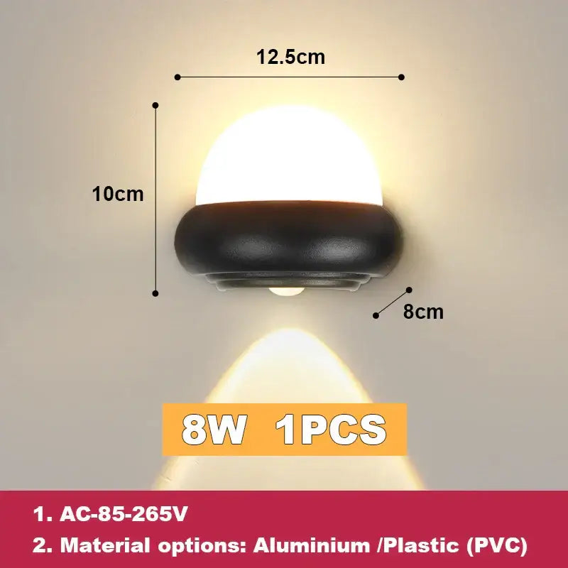 Compact modern black and white dome led wall lamp with warm-white lighting solution for bedroom and garden use