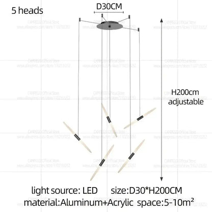 Modern black and white geometric pendant light with five slender led heads suspended from aluminum base h300cm d50 x h300cm