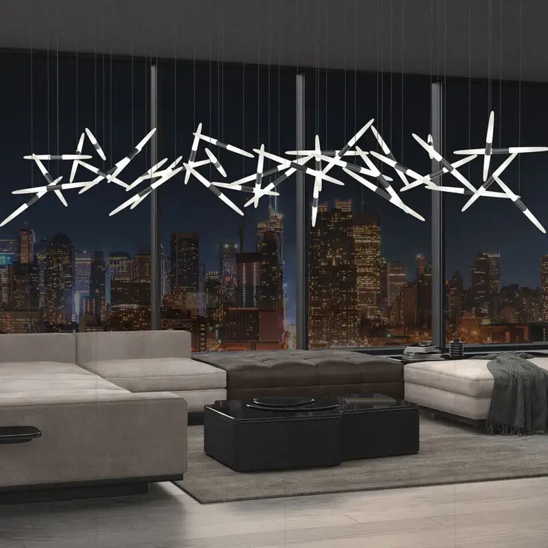 Modern black and white geometric pendant light d50 x h300cm with sleek angular design suspended above living room