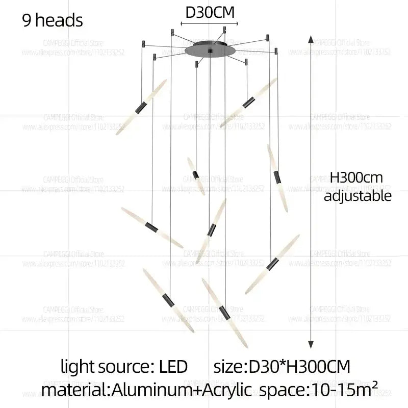 Modern black and white geometric pendant light d50 x h300cm with nine adjustable aluminum and acrylic heads for stairwells