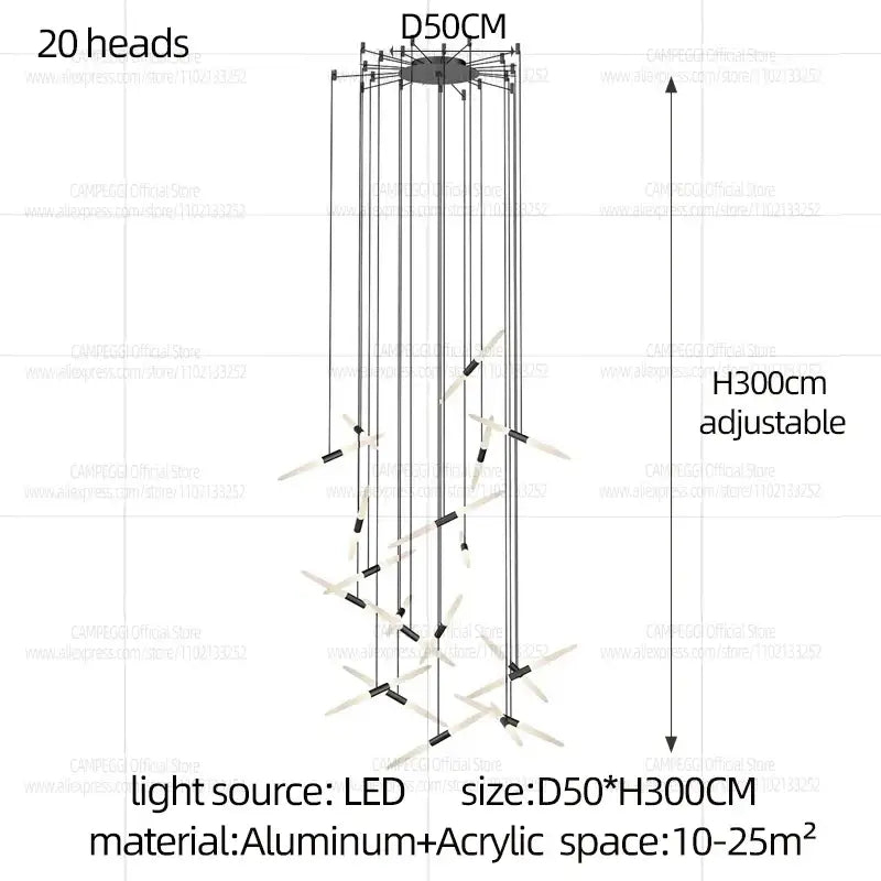 Modern black and white geometric pendant light d50 x h300cm with 20 sleek angular led heads on aluminum frame