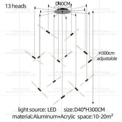 Modern black and white geometric pendant light with 13 angled led heads in acrylic and aluminum d50 x h300cm