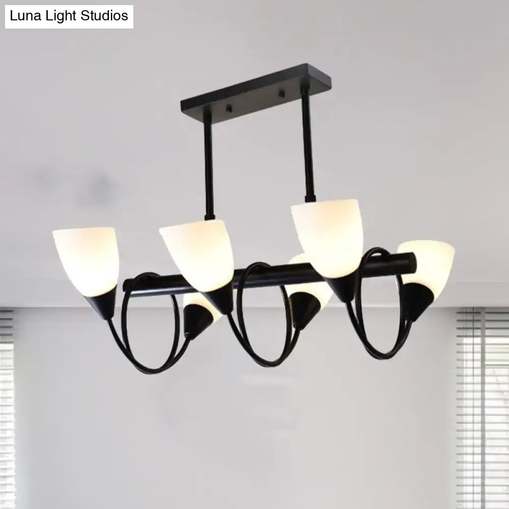 Modern black metal kitchen pendant light fixture with five frosted glass shades and curved arm design